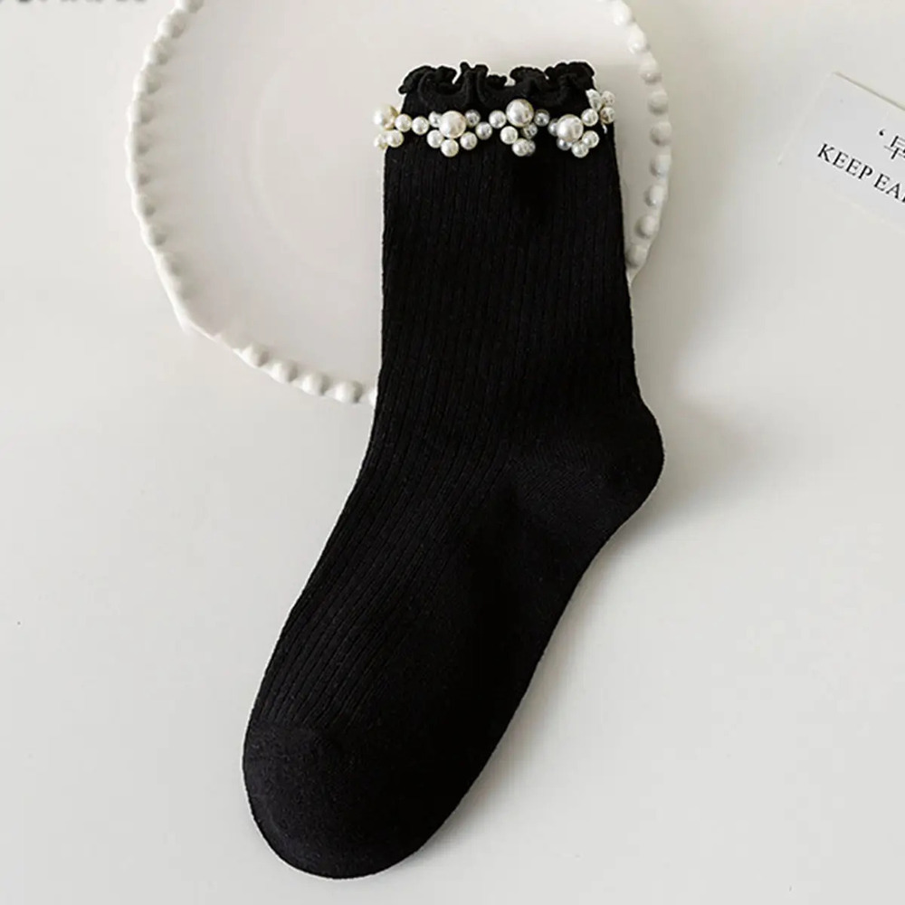 X55 | Pearl Ornament Crew Socks | Black | One Size